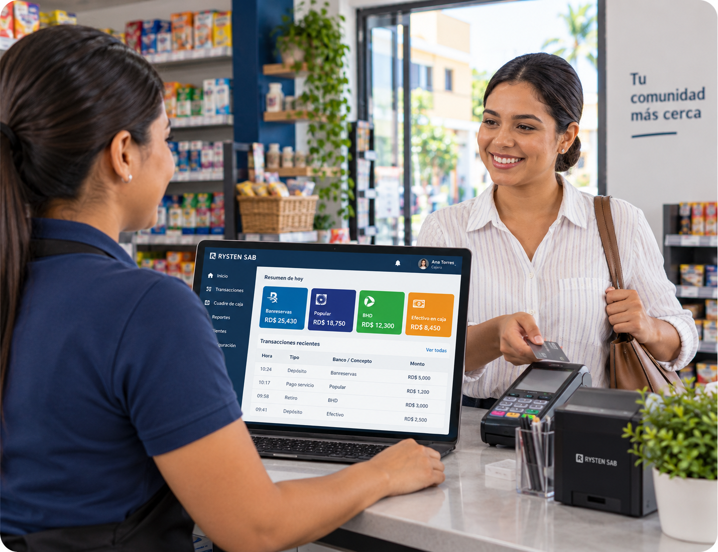 Comercio dominicano atendiendo a una clienta con terminales de pago y gestión digital